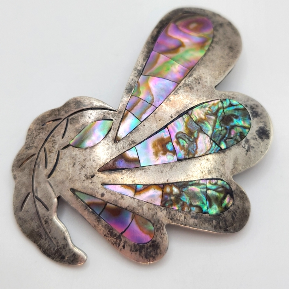 Vintage Modernist Mexican Sterling Silver Abalone Shell Large Brooch